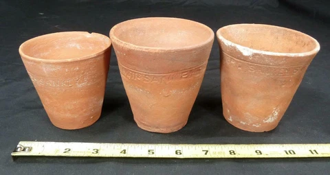 3 1890s Antique Sankeys Victorian Terra Cotta Pots Small 4" Hand-Thrown Garden Cover