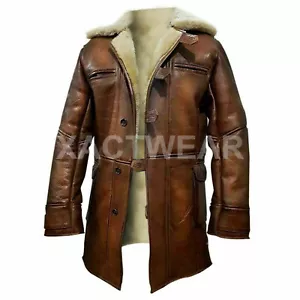 Tom Hardy Cosplay Bane Real Fur Shearling Leather Coat Dark Knight Overcoat - Picture 1 of 4