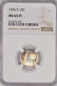 1946 S TONED Roosevelt Dime NGC MS 65 FT MS65FB Toning Coin 10C - Picture 1 of 4