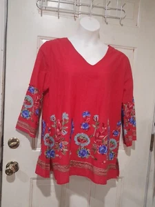 Caleaas Blouse Tunic Large Floral, Fabric Embroidered size 1X Red - Picture 1 of 8