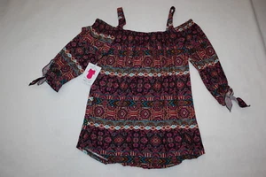 Womens Shirt MANDALA TRIBAL PRINT TUNIC TOP Off Shoulder BLACK MAGENTA TEAL Sz M - Picture 1 of 2