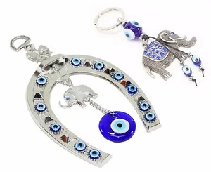 Juego de 2~ Azul Mal de Ojo Elefante Zapato Caballo Amuleto + Llavero Elefante - Imagen 1 de 5