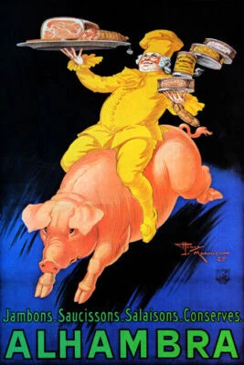 ALHAMBRA CANNING FOOD COOK RIDING PIG HAM PORK MEAT FRENCH VINTAGE POSTER REPRO - Image 1 of 3