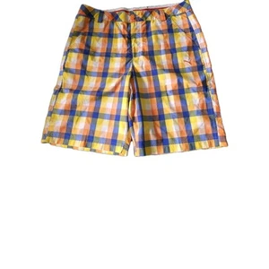 Puma Plaid Golf Shorts Men's 34 Flat Front Orange Yellow Blue - Picture 1 of 3