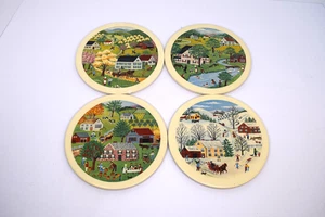 Set of 4 Round Ceramic Trivets Wall Hangings Country Town Four Seasons 6" - Picture 1 of 9