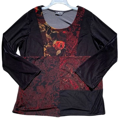 Vintage 90s Sag Harbor Velvet Top Women Floral Patchwork Whimsigoth Witchy Moody - Image 1 of 4
