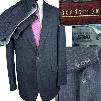 Vintage Nordstrom 2 Piece Wool Suit Dark Blue Chalkline 42R 36 X 32 - Image 1 of 4