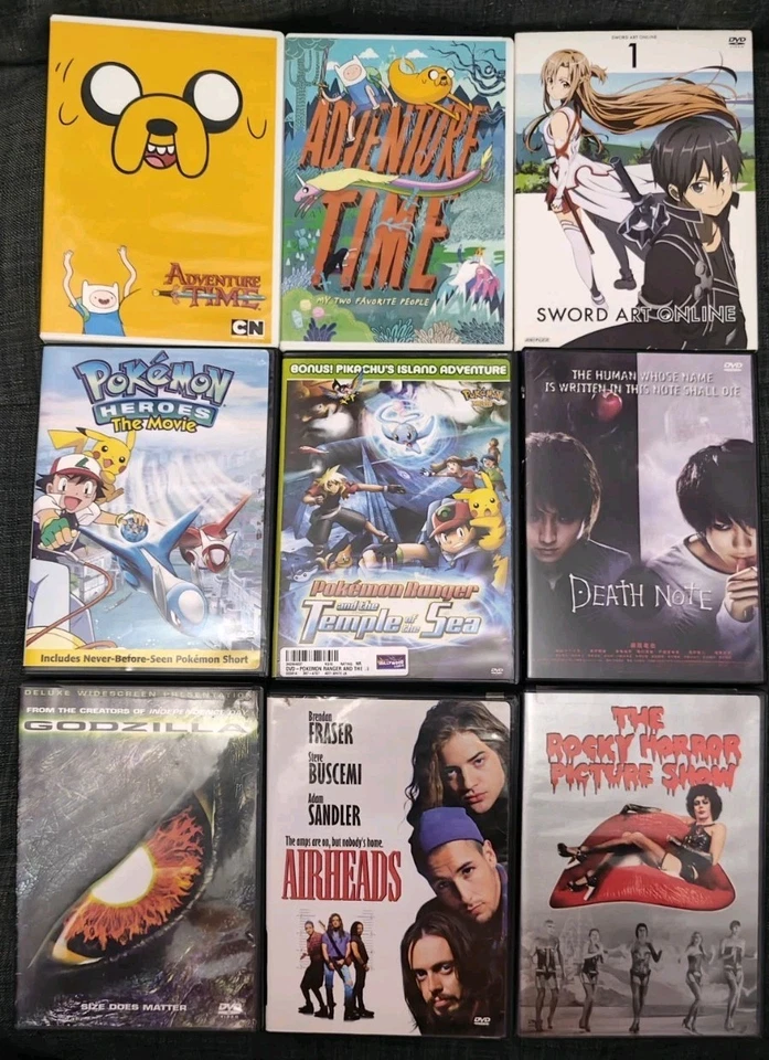 9 DVDs for $9 Anime Cartoons Live Action Adventure Time Pokémon Rocky Horror etc - Image 1 of 4