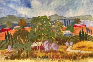 Pamela Wilhelm Watercolor 5”x7” Original Hillside Barns Trees Lush Landscape - Picture 1 of 2