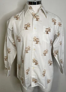 Vintage Mens Shirt Root Beer Candy Graphic M L 42 Button Front Wide Collar - Picture 1 of 13