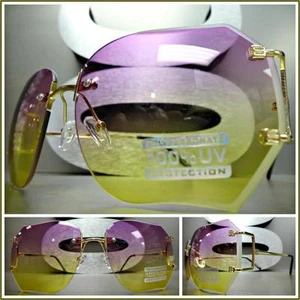 KLASSISCHE VINTAGE RETRO Stil SONNENBRILLE gold randloses Gestell lila & gelbe Linse - Bild 1 von 10