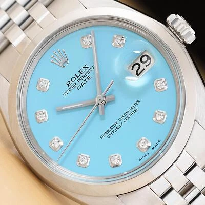 ROLEX OYSTER PERPETUAL DATE 34MM 1500 AQUA BLUE DIAMOND DIAL STEEL WATCH - Image 1 of 4