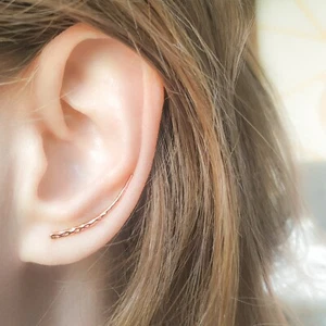 Rose Gold Ear Climber Earrings Long Tapered Curved Climbing Earrings - Picture 1 of 5
