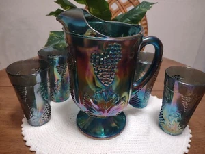 HARVEST GRAPE INDIANA GLASS CARNIVAL IRIDESCENT BLUE PITCHER AND FOUR TUMBLERS - Picture 1 of 4