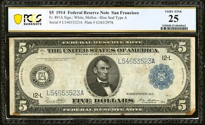 1914 - Fr#891a - $5 FRN SAN FRANCISCO White/Mellon - PCGS VF 25 - Image 1 of 2