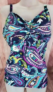 Land's End Navy Paisley Women's Tankini Top Underwire Bra 14D EUC - Picture 1 of 5