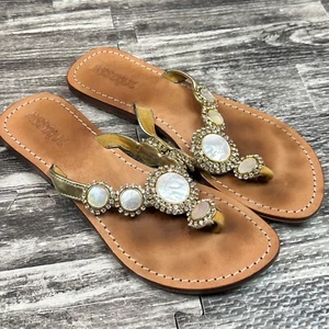 MYSTIQUE Pearl Jeweled Rhinestones sz 9 Gold Leather Thong Sandals Flip Flop - Picture 1 of 8