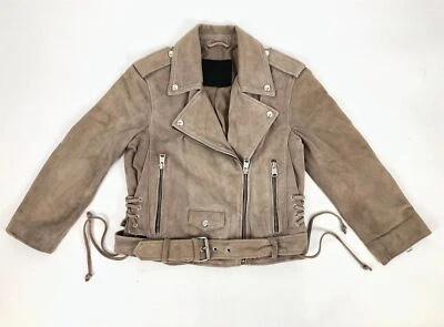 $625 AllSaints Women's Beige Suede Bike Moto Belted Zip Tie Jacket Size US 2 - Image 1 of 4