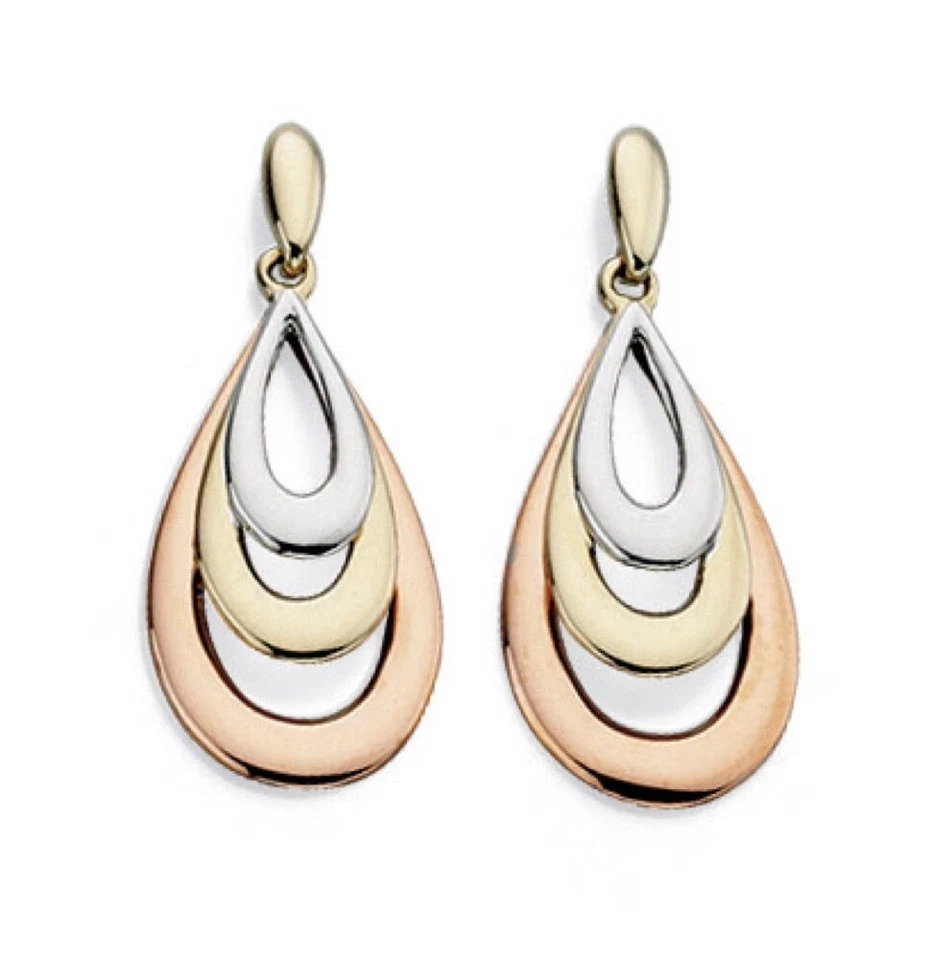 Teardrop Earrings 9ct Multi Tone Gold 375 Hallmarked British Made Brand New - Image 1 of 3