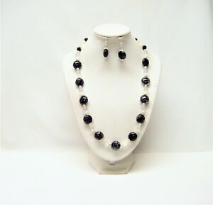 Jet/Frost White Lamp Work Lentil w/White Frost Glass Bead Necklace Earrings Set