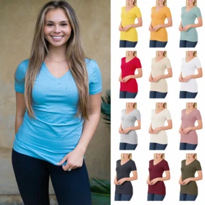 Womens Basic Solid Cotton V-Neck Short Sleeve Crew Neck T-Shirt Longer Top - Picture 1 of 49