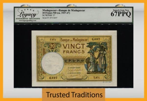 TT PK 37 1937-47 MADAGASCAR 20 FRANCS LCG 67 PPQ SUPERB GEM NEW! - Picture 1 of 2