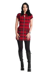 Red Check Gothic Punk Emo Rockabilly Retro Tartan Night Zip Dress BANNED Apparel - Picture 1 of 8