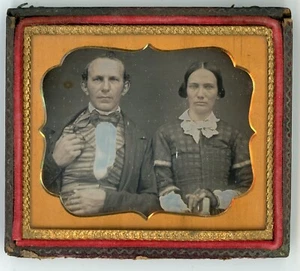 Seated Man in Striped Vest with Woman (1/6 Plate Daguerreotype) - Picture 1 of 3