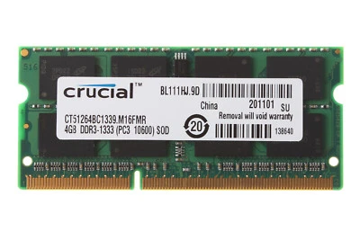Crucial 4GB 4G 2RX8 PC3-10600S DDR3 1333Mhz SODIMM RAM Laptop Memory Non-Ecc - Image 1 of 4