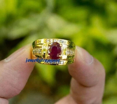 Natural Ruby & CZ Gemstone with 925 Sterling Silver Gold Plated Ring for Men #JR - Image 1 of 4