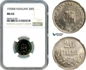 AI818, Hungary, 20 Filler 1920 KB, Kremnitz Mint, NGC MS65, Top Pop! - Picture 1 of 1