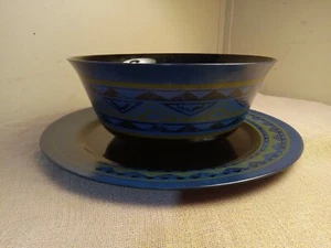 Arcoroc France Black & Blue Glass 12" Plate & 2qt. Bowl - Picture 1 of 7