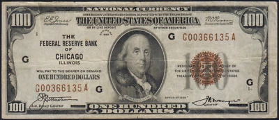 Fr.1890-G 1929 Chicago $100 Federal Reserve Bank Note Very Fine 2 Pinholes - Image 1 of 2