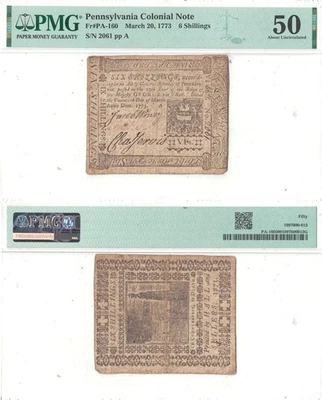 March 20, 1773 Six Shillings Pennsylvania Colonial PMG AU-50 - Image 1 of 3