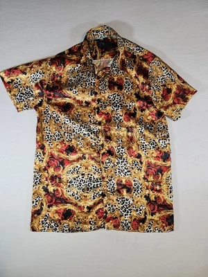 Baroque Gold Satin Short Sleeve Gold Rose Buds Animal Print Button Down Shirt M - Image 1 of 4