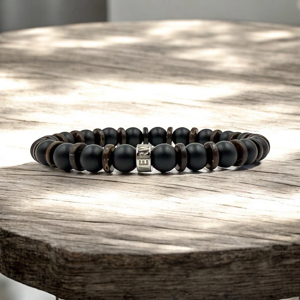 Pulsera de cuentas de piedras preciosas y madera para hombre - Madera Blacktop - Joyería elástica hecha a mano Foto 1 de 4