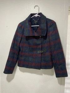 Abrigo Talbots Mujer Guisante Azul Rojo Tartán Mezcla Lana Cierre Cinturón Talla 4 - Imagen 1 de 6