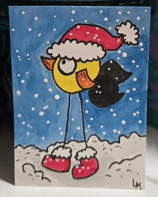 ACEO Original Art Painting Bird in Santa Hat & Boots Winter Snow OOAK ATC Mini  - Image 1 of 4