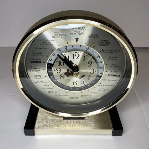 Vintage World Time Clock Quartz Analog Map Face timezone Korea MadeTested Works Cover
