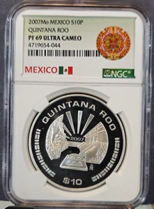 2007 MEXICO SILVER 10 PESOS S10P ESTADO DE QUINTANA ROO NGC PF 69 ULTRA CAMEO - Picture 1 of 3