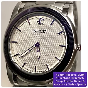 46mm SLIM Purple Bezel | Silvertone Bracelet Swiss Quartz INVICTA Mens Watch - Picture 1 of 12