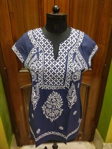 M L XL SLEEVELESS 100% COTTON TOP KURTA ETHNIC HANDMADE CHIKAN EMBROIDERY KURTI - Picture 1 of 6