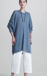 NEW Eskandar One Size Blue Tweed Linen Cotton Tunic Dress Sweater  40” - Picture 1 of 7