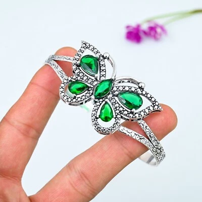 Green Tourmaline Gemstone 925 Sterling Silver Butterfly Adjustable Cuff Bangle - Image 1 of 4