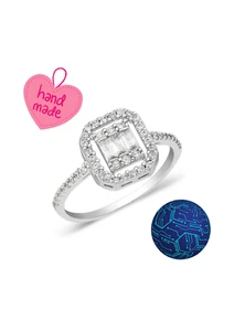 Anillo italiano de plata de ley 925 con piedra baguette a rayas chapada en rodio - Elegante - Imagen 1 de 3