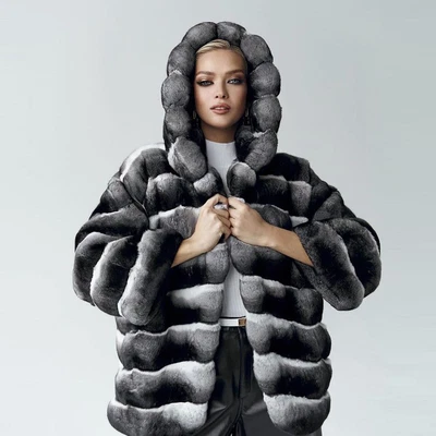 Luxury Women Nature Real Rex Rabbit Fur Coat Chinchilla Hood Jacket Warm Outwear - Image 1 of 4