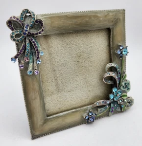 Vintage Bilderrahmen Salbeigrün Emaille Wirbel Strass Floral Metall Zinn - Bild 1 von 12
