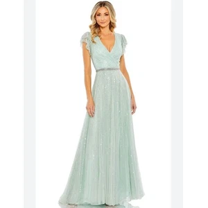 Mac Duggal Ruffle Sleeve Beaded embellished maxi dress gown size 8 mint green UB - Picture 1 of 6