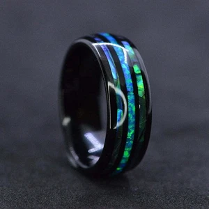 MENS STAINLESS STEEL 8MM BLACK ABALONE & BLUE OPAL EFFECT RING SIZE V - Picture 1 of 2