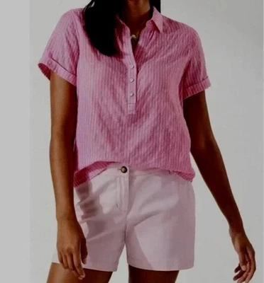 Tommy Bahama Mujer Talla L Top Popover Manga Corta Rosa/Blanco Rayas Foto 1 de 4